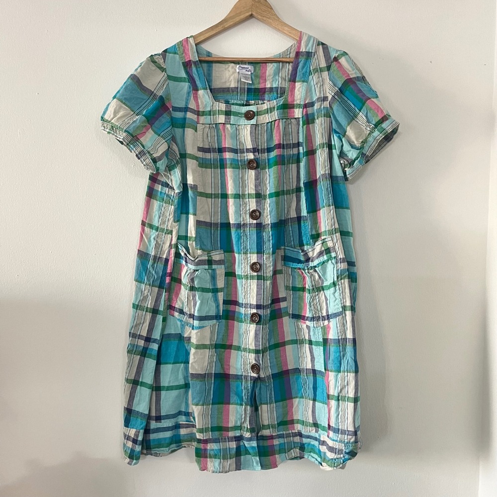 Plaid Midi Chore Dress Plus 1X Cottagecore Prairie Whimsy Lagenlook House Cotton